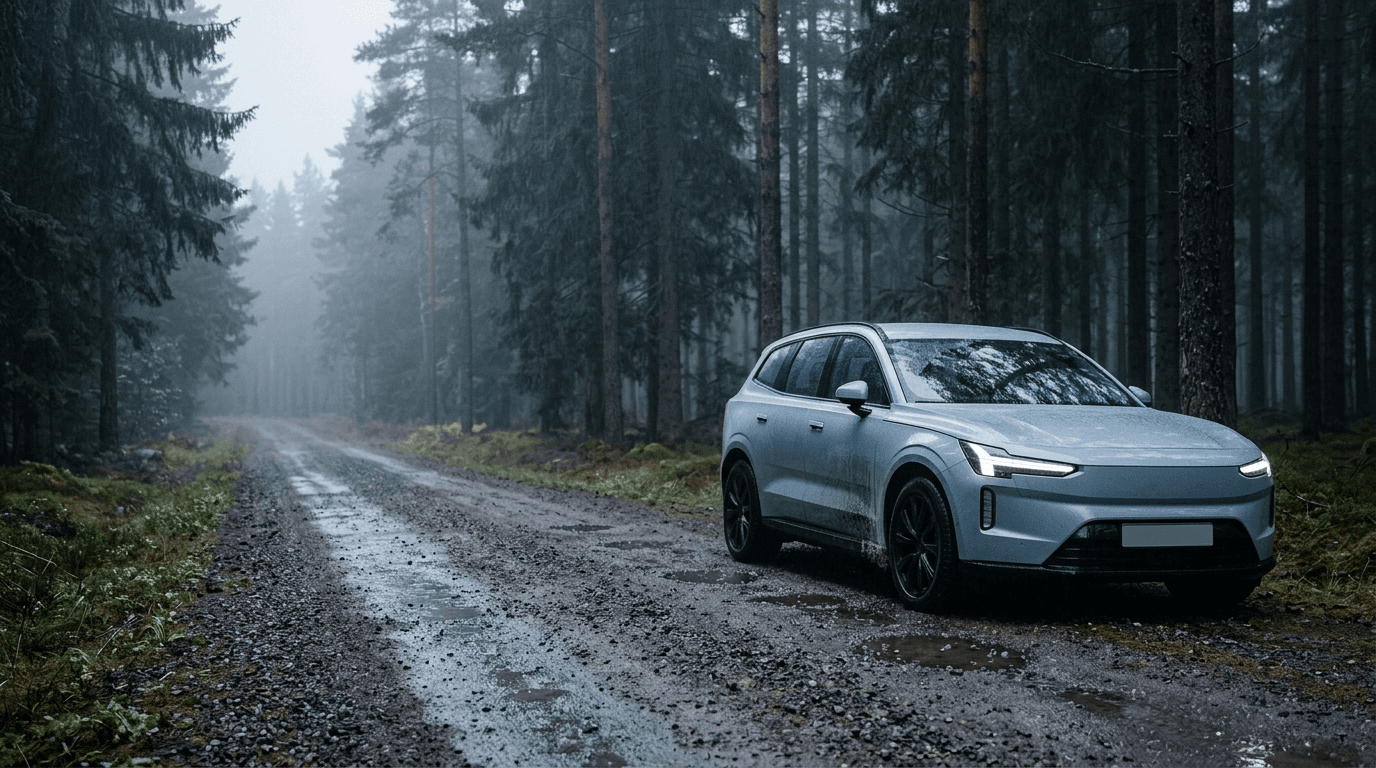 Silvergrå elsuv på grusväg genom dimmig granskog
