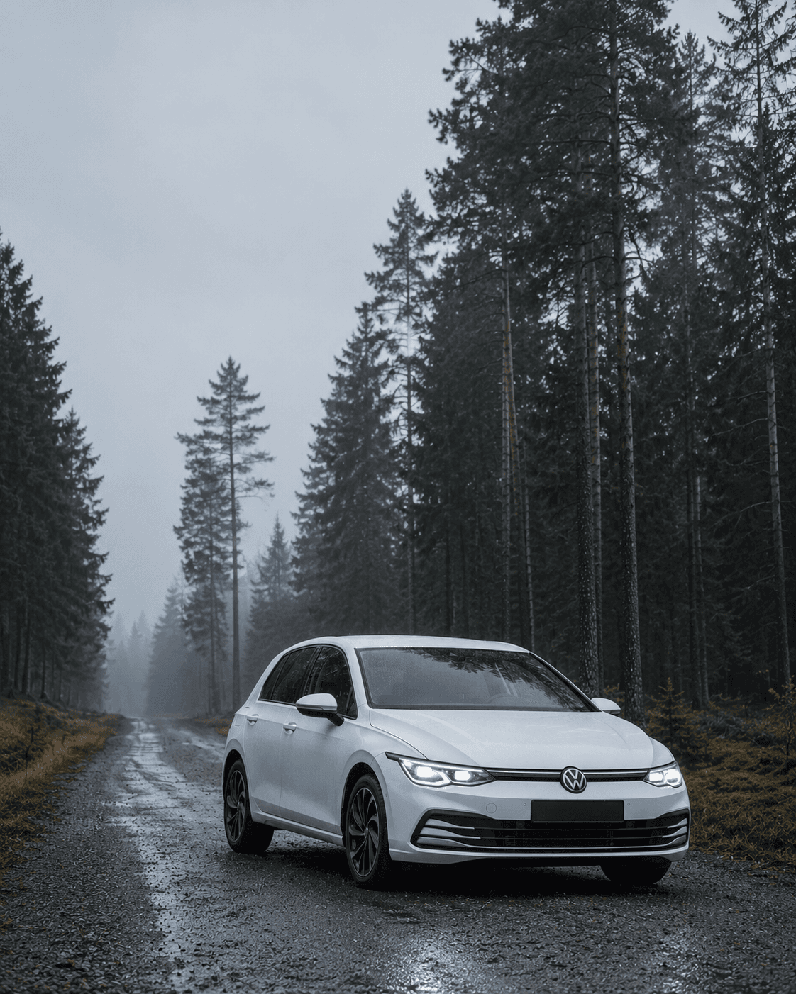 Vit Volkswagen Golf på en dimmig skogsväg