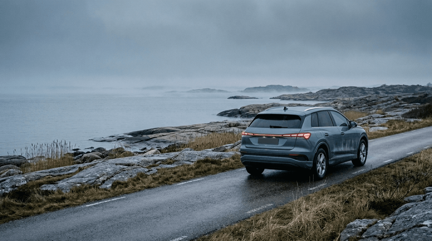 Blågrå suv på smal kustväg vid grått hav