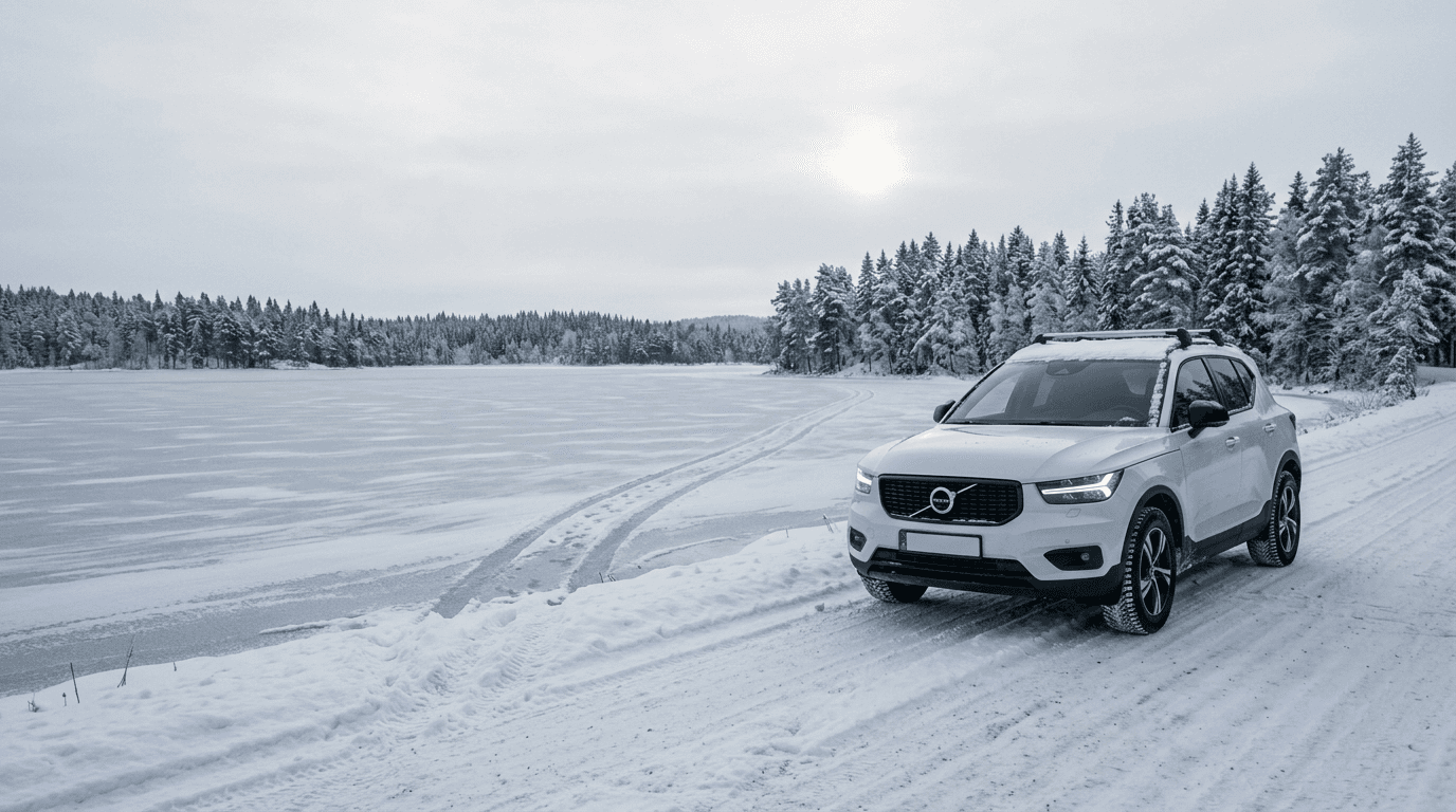 Vit suv på snöig väg intill en frusen sjö